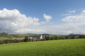 Atmospheric lighting in the Hegau region, village of Weiterdingen, Baden-Wuerttemberg, Germany, Europe