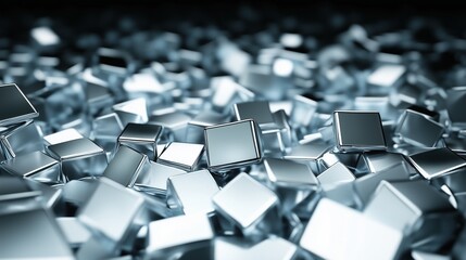 Obraz premium Metallic cubes scattered on dark background. Concept of abstract design, industrial aesthetics, and modern visuals.