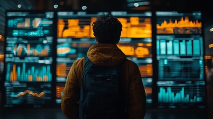 Analyzing data trends user engaging with digital analytics dashboard urban setting visual data representation