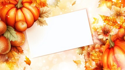 Autumn harvest pumpkins, leaves, and blank card.