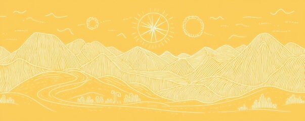 Panoramic illustration of a serene mountain landscape under a bright sun.