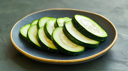 A vibrant zucchini sliced into neat rounds, placed on a modern ceramic plate with soft natural lighting