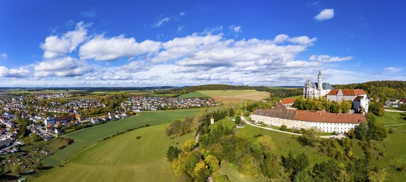 Aerial view, Benedictine monastery Neresheim Abbey, Neresheim, Baden-W&uuml;rttemberg, Germany, Europe