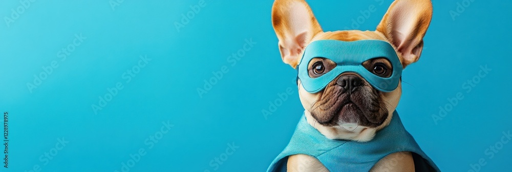 Wall mural Cute French bulldog puppy in superhero costume against a bright blue background.