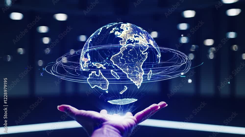 Aufkleber a futuristic scene of a holographic earth displayed above a hand, with digital lines and glowing ele