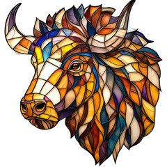 Vibrant Stained Glass Bull Head Design on a transparent background Featuring Intricate Color Patterns and Artistic Detailing