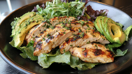 vibrant plate of mixed greens, grilled chicken, and avocado, showcasing healthy and appetizing meal. fresh ingredients create colorful and nutritious dish