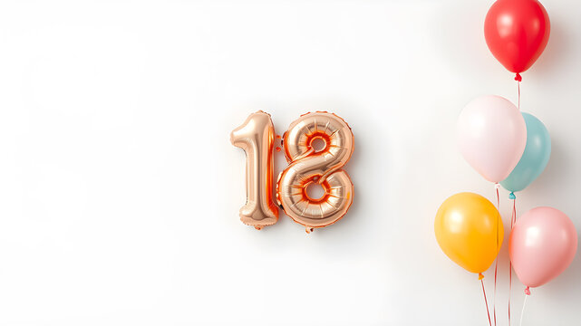 Coming of age party - 18th birthday. Number shaped balloons on light grey background, space for text. Generative AI
