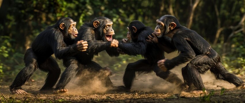 Four chimpanzees engaged in a playful wrestling match amidst a dusty forest clearing.