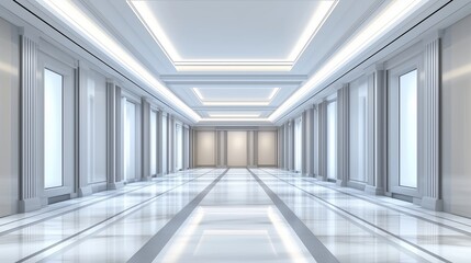 Luxurious white marble hallway with classical columns and ceiling lights. Elegant architectural space.