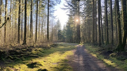 Fototapeta premium Sunlit path through a lush evergreen forest. (1)
