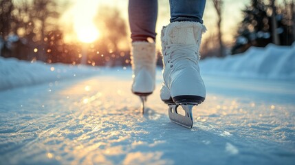 Woman ice skating at sunset, close-up of skates.
