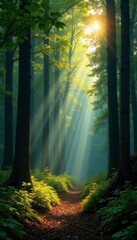 Fototapeta premium Sunlight filters through the canopy above the forest floor, trees, foliage