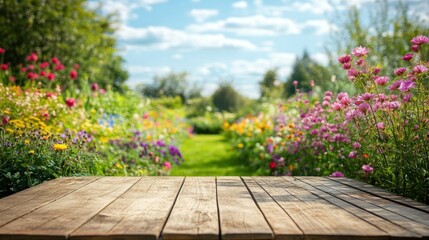 Fototapeta premium Wooden table in a vibrant flower garden on a sunny day.