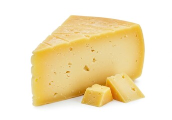A wedge of yellow cheese with a slightly crumbly texture and a few small chunks isolated on a white background