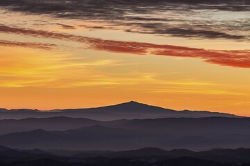 View of Mount Amiata in winter from Mount Nerone, Monte Nerone, at sunset, Apennines, Marche, Italy, Europe