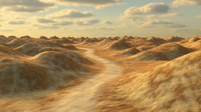 Serene landscape of rolling golden hills under a soft cloudy sky with a winding path