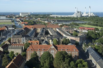 Fototapeta premium Christianshavn, waste-to-energy plant behind, view from Church of Our Saviour, Copenhagen, Denmark, Europe