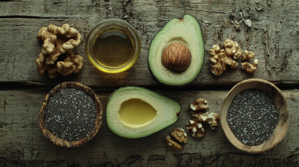 Fototapeta premium Artistic layout of healthy fat sources including avocado, olive oil, walnuts, and chia seeds, showcasing natural ingredients on rustic wooden background