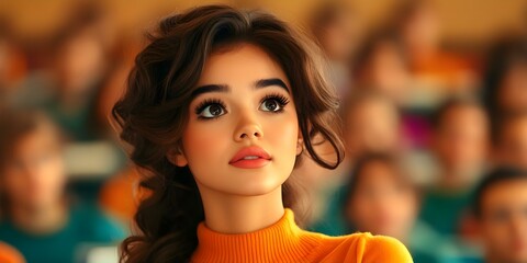 Fototapeta premium A young woman with voluminous hair and makeup, looking up thoughtfully, in a classroom setting filled with students. Concept Classroom Environment, Reflective Mood, Student Life, Voluminous Hair