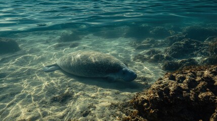 Fototapeta premium Underwater view of a manatee resting on the ocean floor among rocks and sandy seabed.