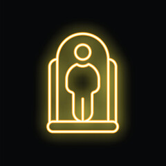 Yellow neon sign of a person using a public restroom showing social distancing