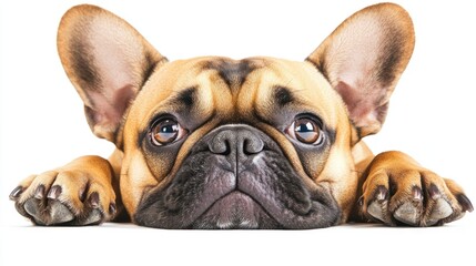 Obraz premium Adorable fawn French bulldog puppy lying down, looking at camera.