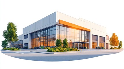 Modern industrial building with glass facade and landscaping.