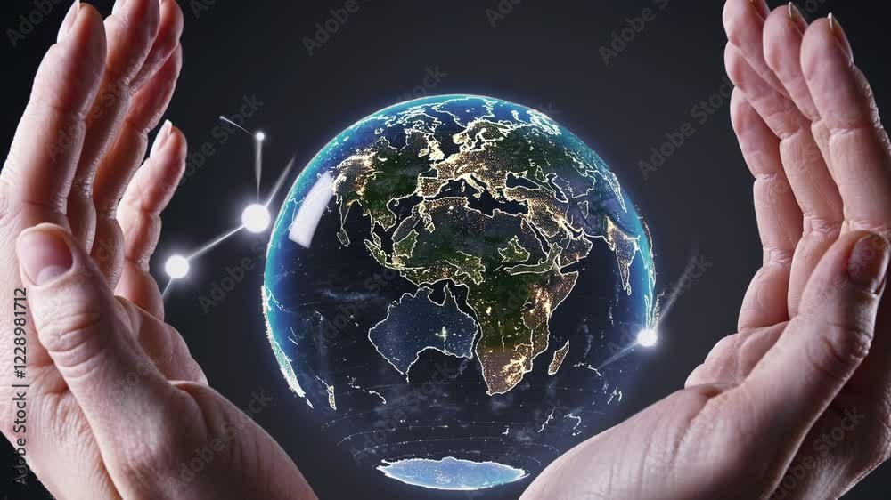 Aufkleber A pair of hands holding a transparent globe with visible environmental textures, surrounded by floating light particles on a dark gradient background.
