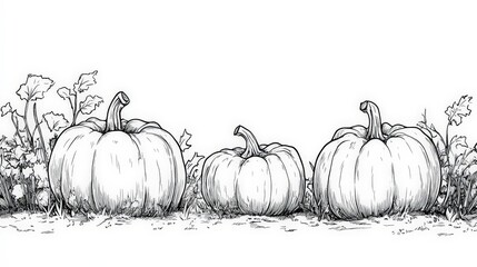 Hand-Drawn Illustration of Three Pumpkins and Green Leaves