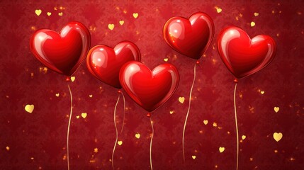 A romantic Valentine's Day vector illustration featuring glossy red heart balloons floating gracefully with golden confetti scattered over a luxurious red pattern background
