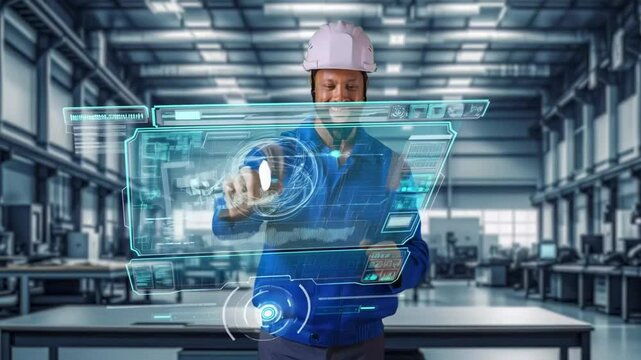 Factory supervisor using futuristic touchscreen interface