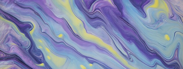Abstract painting with fluid swirling pastel colors of purple, blue, green and yellow, AI generated