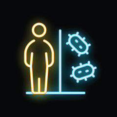Neon glowing icon of a person standing and avoiding bacteria or virus spreading in the air