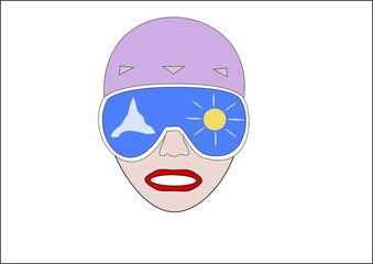 Portrait of a winter sportswoman with ski goggles and helmet with reflections, white background, illustration