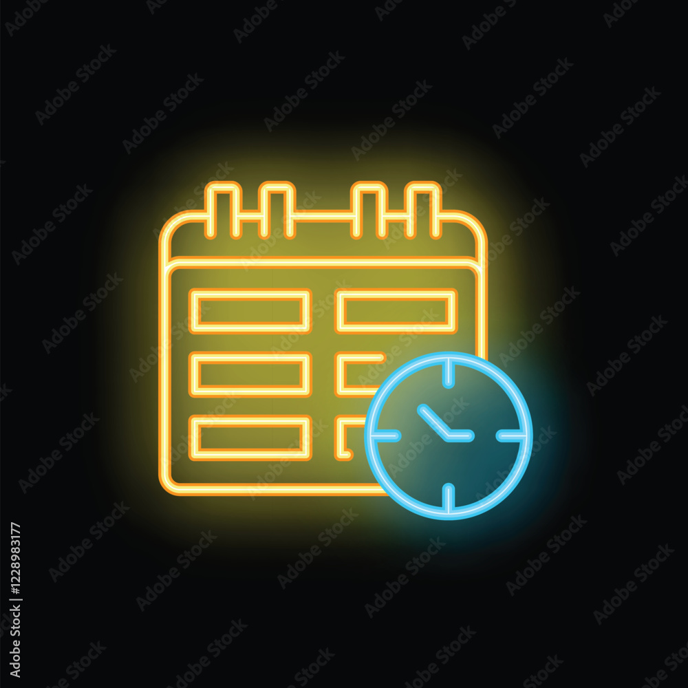 Poster neon icon representing an appointment scheduling app with a clock showing the time and a calendar