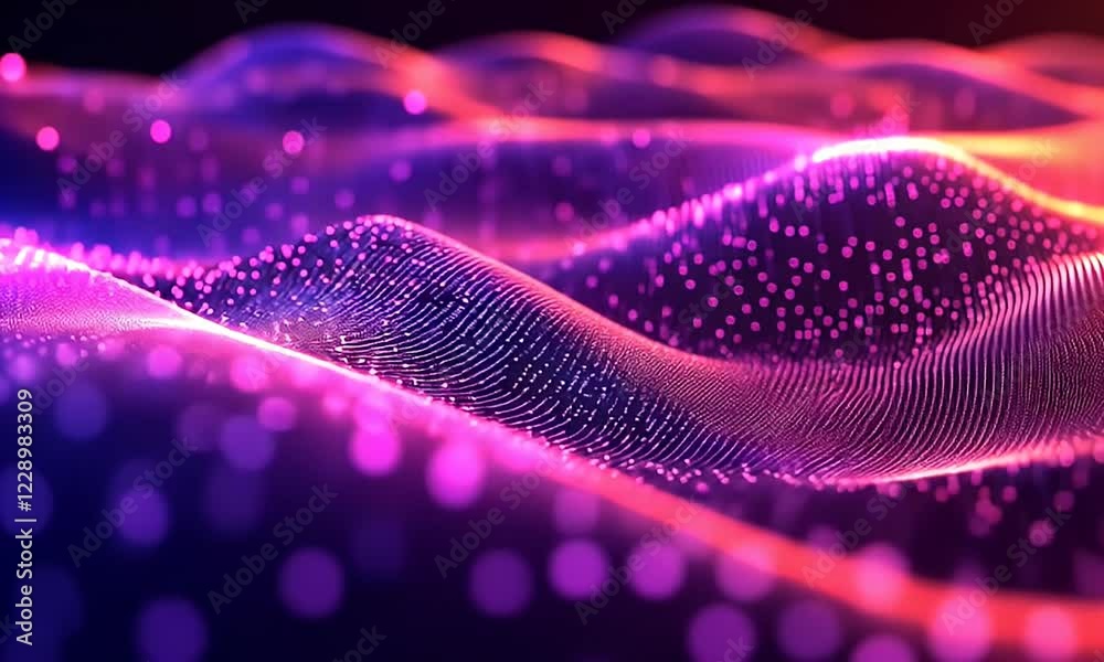 Poster abstract digital wave, glowing particles, dark background, tech design
