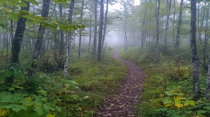 Obraz premium Misty forest path winding through lush green vegetation and trees on a foggy day.