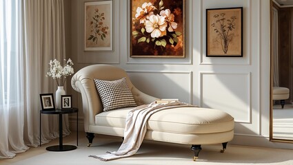 stylish and cozy interior setting featuring a beige chaise lounge with a curved backrest and a checkered pillow. 