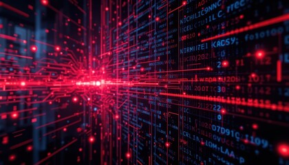 Obraz premium Red digital data stream flowing through network