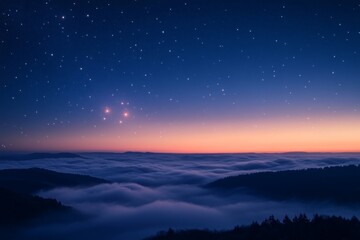 Fototapeta premium Serene Sunset Starry Night Misty Mountains Landscape