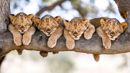 Fototapeta premium Four adorable lion cubs sleeping peacefully on a tree branch.