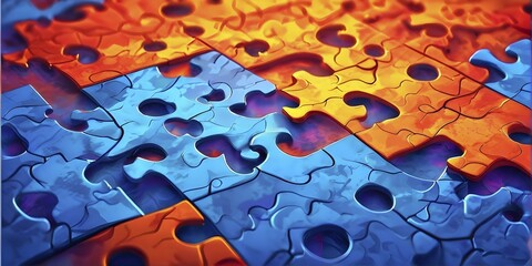 Illustration of scattered blue and orange puzzle pieces sprawled across as a wallpaper background, AI generated