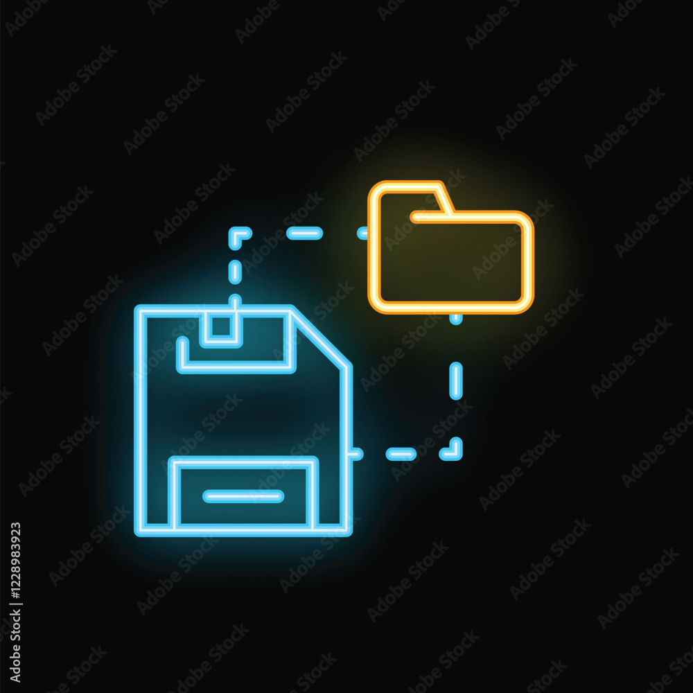 Poster neon glowing icon of a floppy disk saving data to a folder representing data backup
