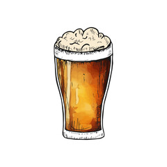 Glass of beer doodle line art cartoon hand-drawn watercolor alcohol drink.