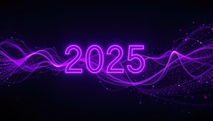 Obraz premium Glowing 2025 neon sign, particle waves, dark background, New Year's card