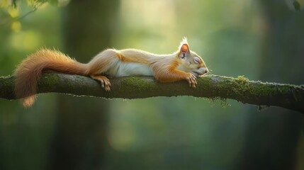 Red squirrel sleeping peacefully on a moss-covered branch in a sun-dappled forest.