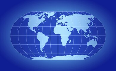 Blue world map, Robinson projection, with grid lines on blue backdrop