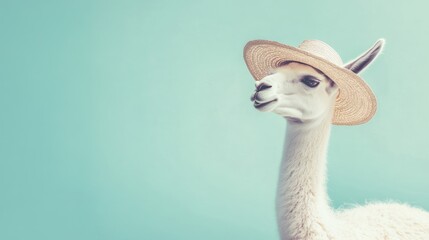 Obraz premium White llama wearing a straw hat against a light blue background.