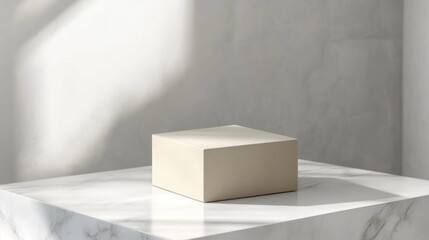 Minimalist Product Display with Neutral Tone Cube on Marble Surface Under Soft Light